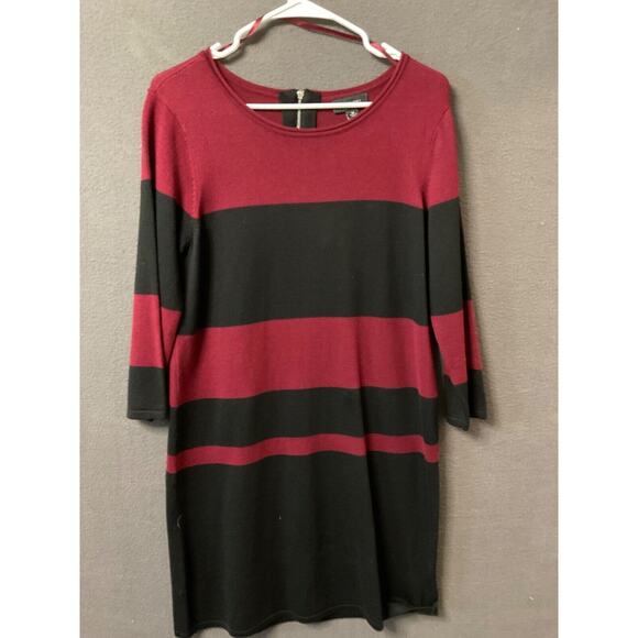 AB Studio Burgundy & Black Striped Knit Dress Medium Rayon Blend Back Zip - Picture 1 of 7
